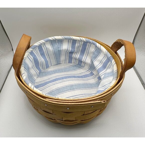 Longaberger Round Basket 1994 With Leather Handles Blue White Fabric Liner 6” - Picture 3 of 9